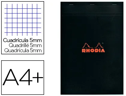 RHODIA Bloc de bureau N°20 agrafé 160 pages perforées 80g 5x5 21x31,8cm Couverture carte enduite Noire 202009C