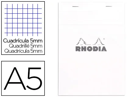Bloc agrafé rhodia white n.16 A5 14.8x21cm couverture carte enduite 80f 80g 5x5mm microperforé blanc