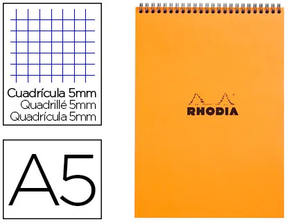 Bloc rhodia classic orange A5 14.8x21cm couverture carte enduite reliure intégrale 80f 80g 5x5mm microperforé
