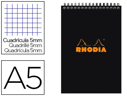 Bloc rhodia classic black A5 14.8x21cm couverture carte enduite reliure intégrale 80f 80g 5x5mm microperforé