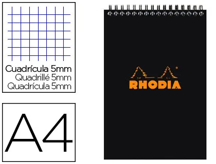 Bloc rhodia classic black A4 21x29.7cm couverture carte enduite reliure intégrale 80f 80g 5x5mm microperforé