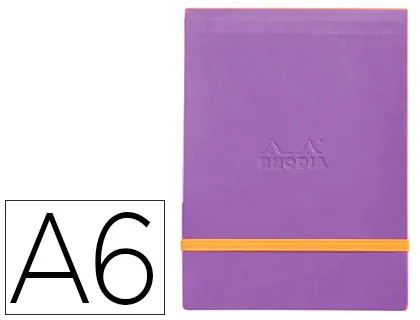 Pochette rhodiarama webpocket A6 9x14cm couverture simili cuir violet intérieur imprimé fermeture élastique orange