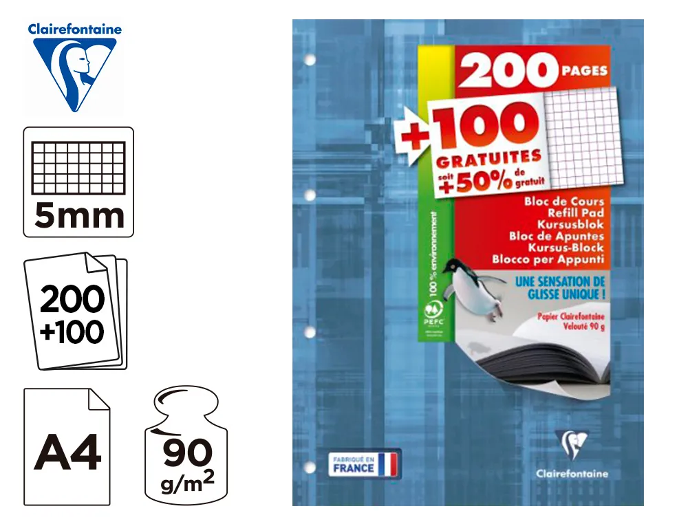 Bloc cours clairefontaine A4 21x29,7cm 200 pages encollees detachables + 100 gratuites papier veloute 90g 5x5mm 4 trous