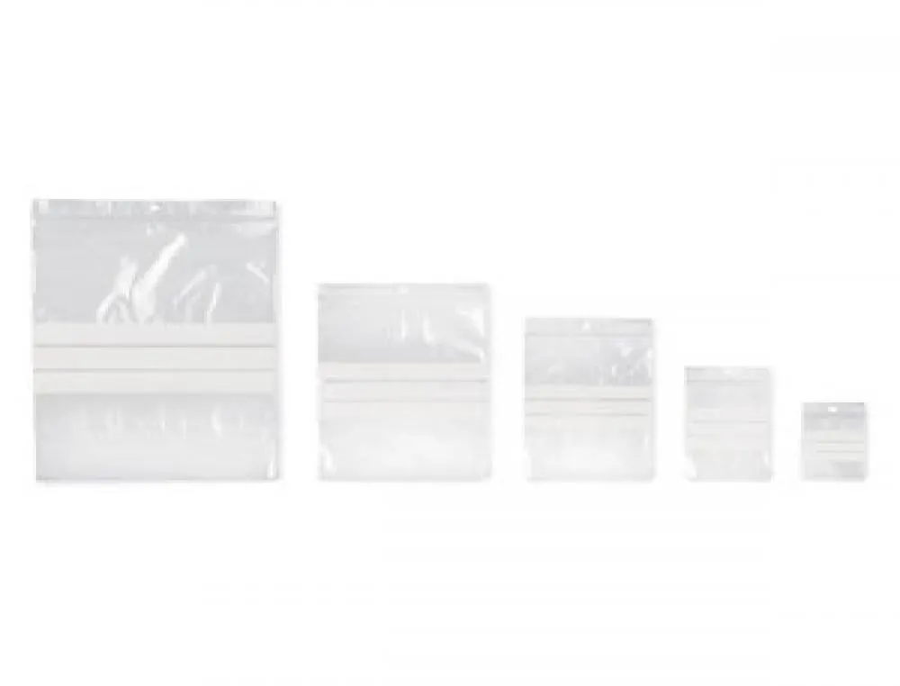 Sachet transparent ecoclip polyethylene basse densite bandes blanches fermeture zip trou pbag5b 7x10cm 1000