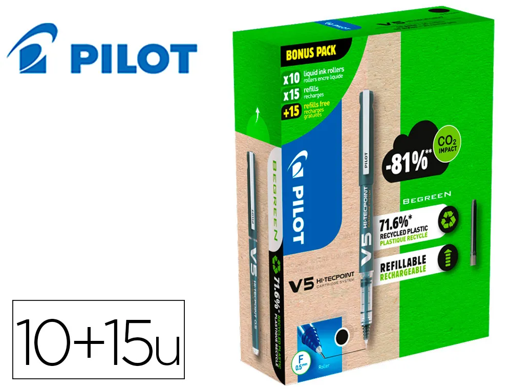 Pack pilot v5 10 rollers encre liquide rechargeables pointe moyenne 10 sets de 3 recharges 5 offertes coloris noir 910556237