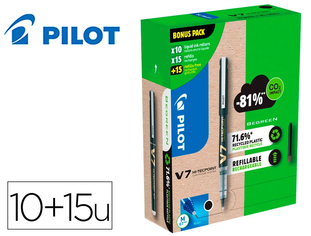 Pack pilot v7 10 rollers encre liquide rechargeables pointe moyenne 10 sets de 3 recharges 5 offertes coloris noir 910556251