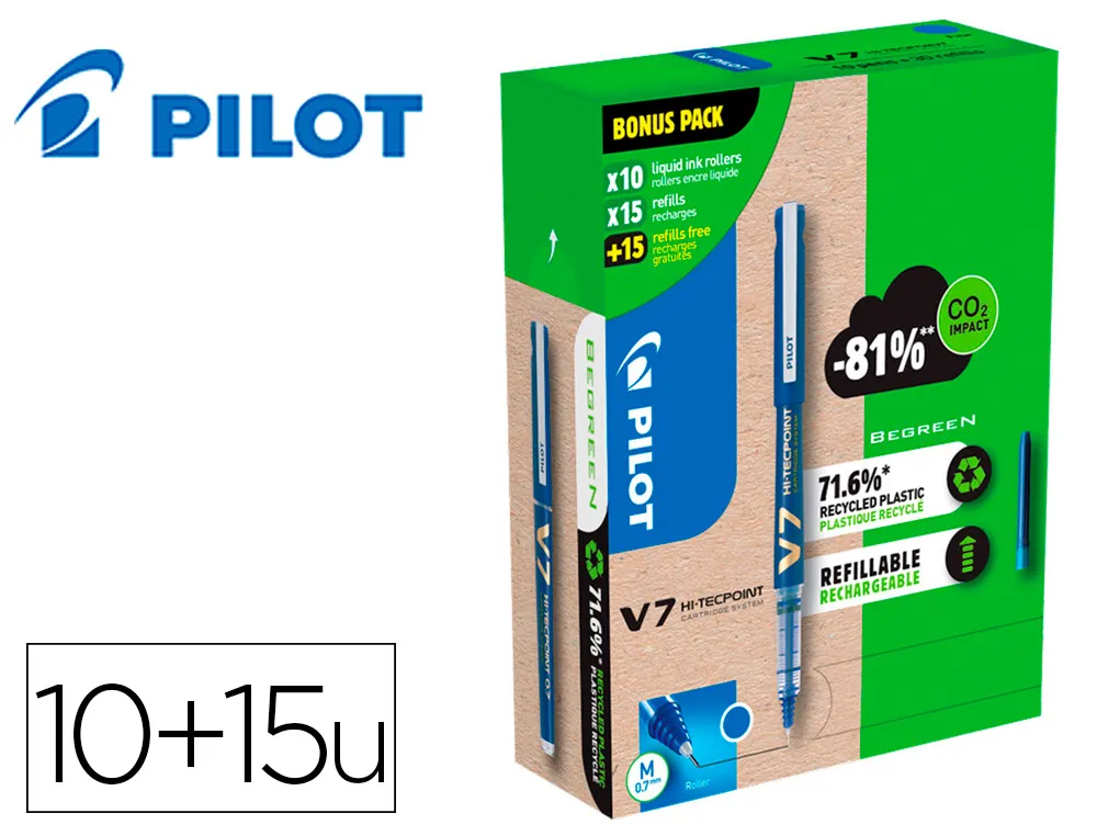 Pack pilot v7 10 rollers encre liquide rechargeables pointe moyenne 10 sets de 3 recharges 5 offertes coloris bleu 910556268