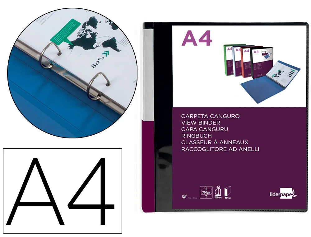 Classeur kangourou liderpapel 2 anneaux en d 25mm polypropylene 283x320mm document A4 coloris noir