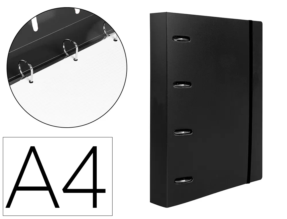 Classeur liderpapel 4 anneaux en d 25mm A4 polypropylene feuillets mobiles 100f 5x5mm coloris noir opaque