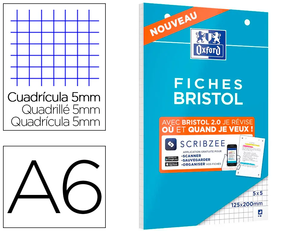 Bloc bristol oxford non perfore A6 30 fiches 5x5 blanc