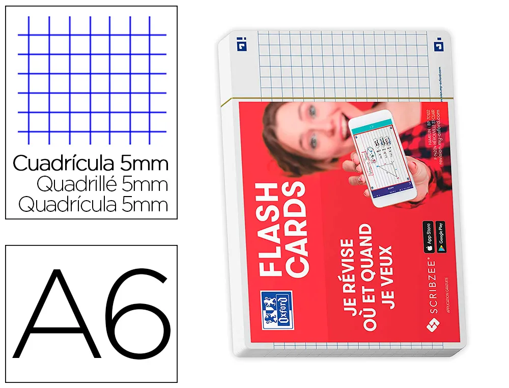 Fiches bristol oxford revision 2.0 A6 non perforee 32 fiches/film 5x5 cadre blanc