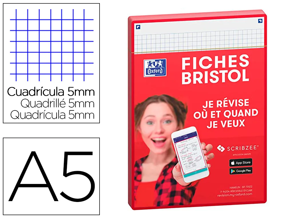 Fiches bristol oxford revision 2.0 A5 perforee 32 fiches/film 5x5 cadre rouge