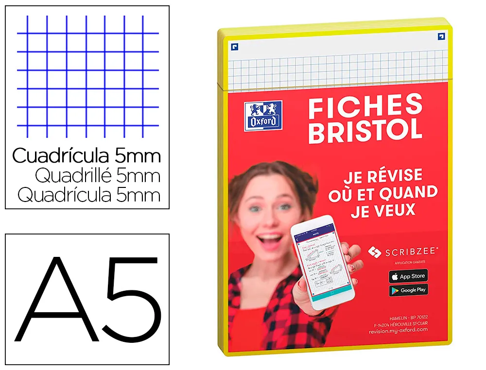 Fiches oxford bristol revision 2.0 oxford A5 perforee 32 fiches/film 5x5 cadre jaune