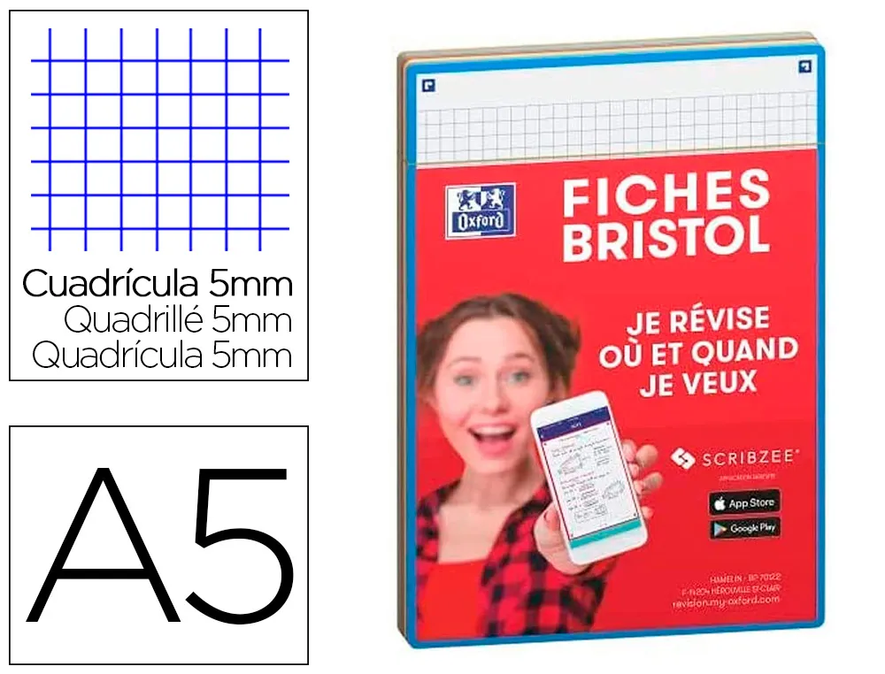 Fiches bristol oxford revision 2.0 A5 perforee 32 fiches/film 5x5 carton assorti