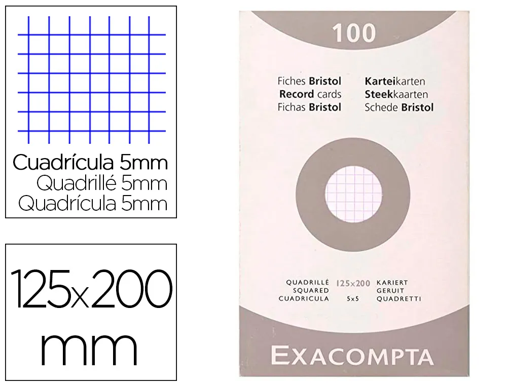 Etui 100 fiches exacompta bristol quadrillee 5x5 non perforee blanc 125x200mm