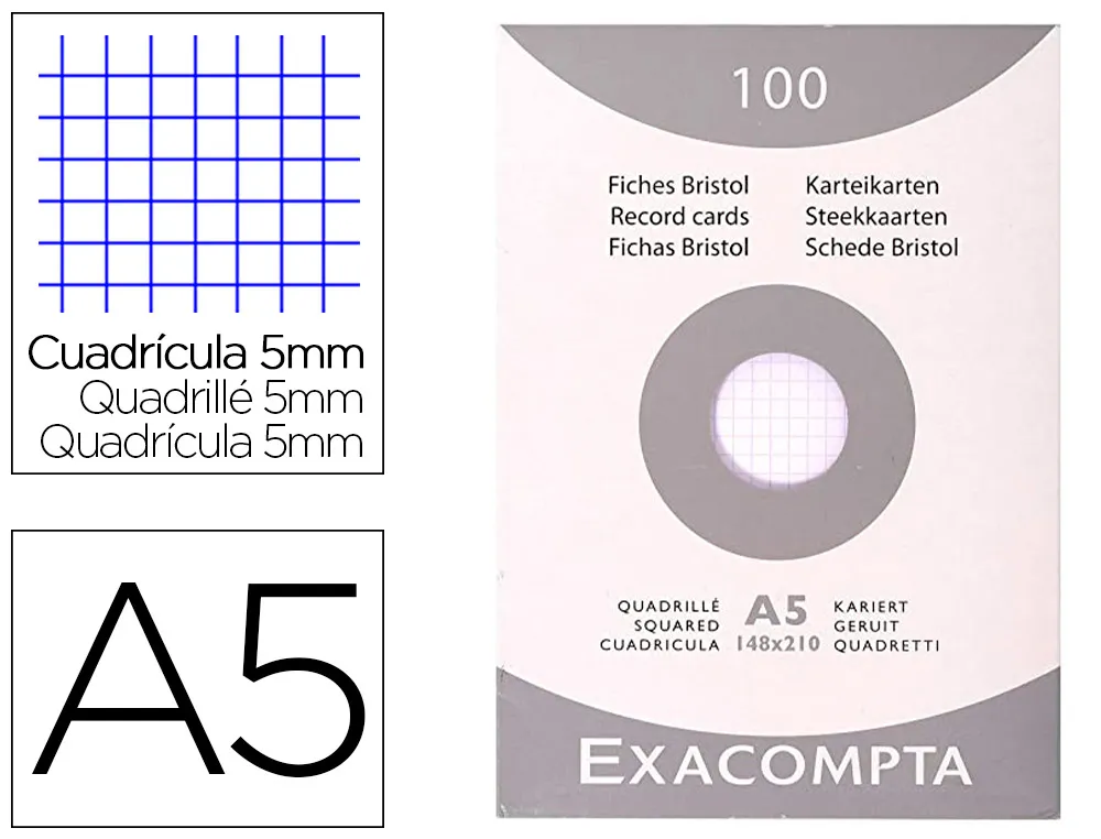 Etui 100 fiches exacompta bristol quadrillee 5x5 non perforee blanc 148x210mm