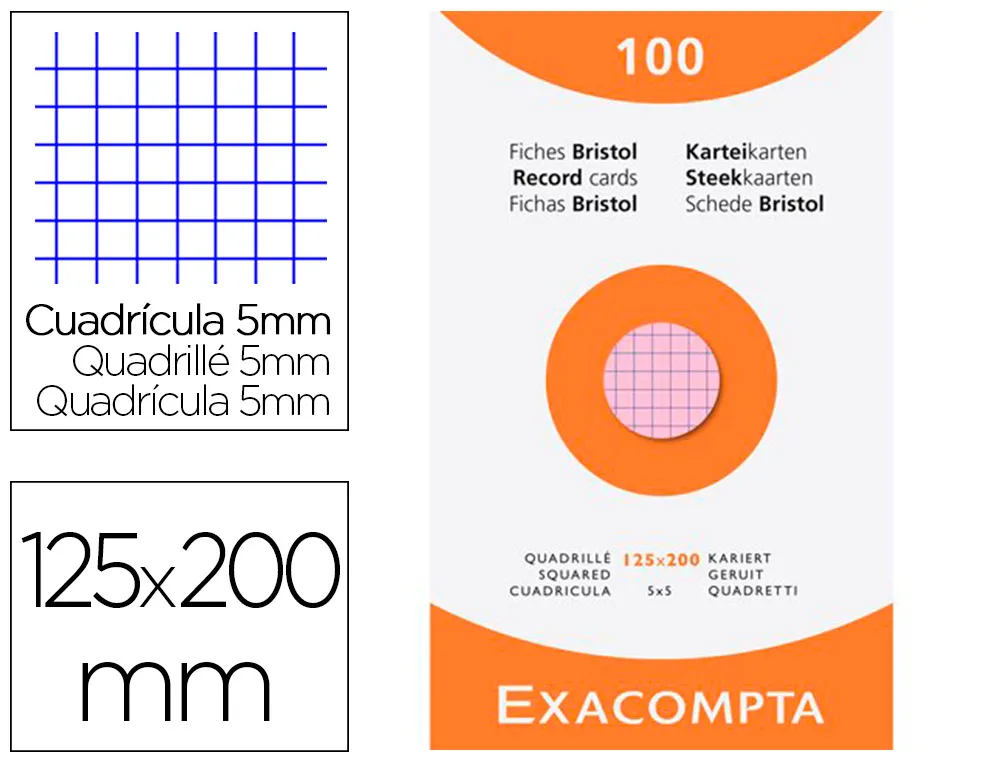 Etui 100 fiches exacompta bristol quadrillee 5x5 non perforee assortis 125x200mm