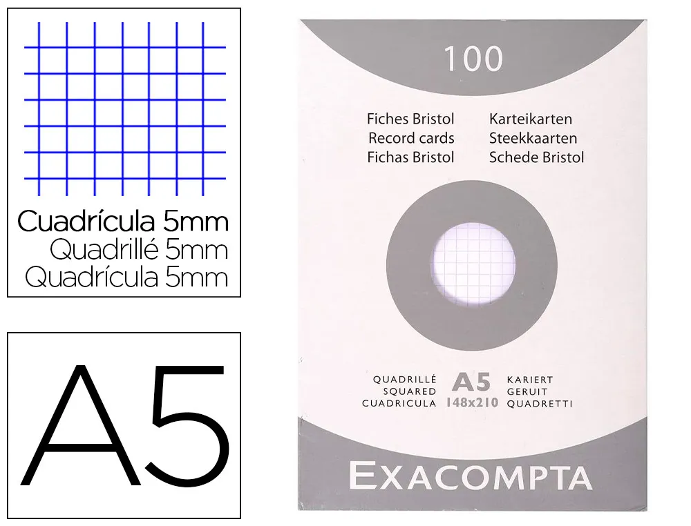 Etui 100 fiches exacompta bristol quadrillee 5x5 non perforee assortis 148x210mm