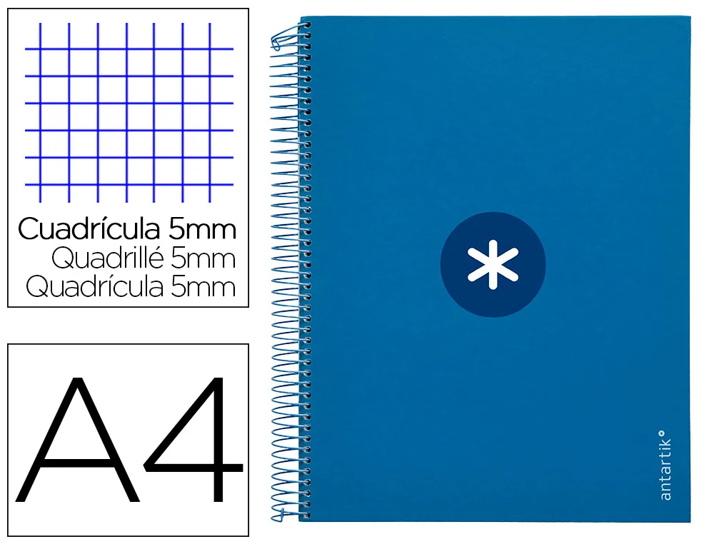 Cahier spirale liderpapel antartik A4 240p 100g remborde 5x5mm microperfore 5 bandes 4 trous coloris bleu
