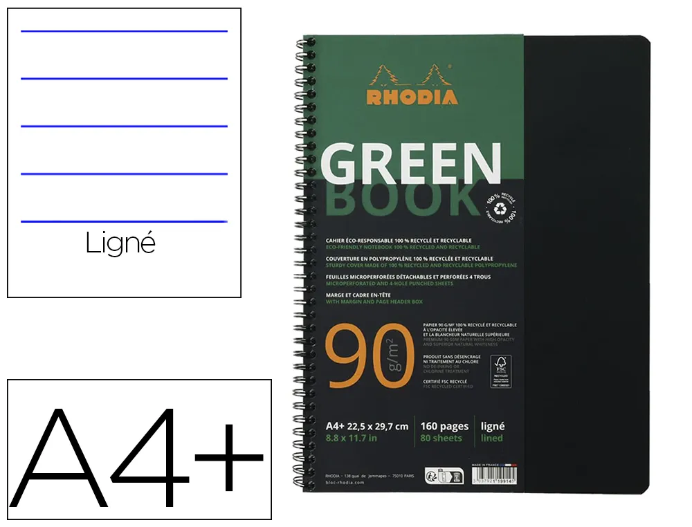 Cahier rhodiactive greenbook ri ligne couverture pp A4+ 23,5x29,8cm 90g 160 pages microperforees perf. 6 trous noir