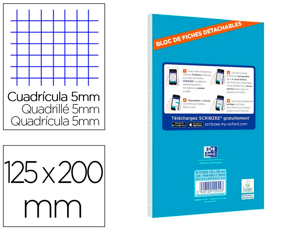 Bloc de fiches bristol oxford 125x200 30 fiches perforees 5x5 blanc