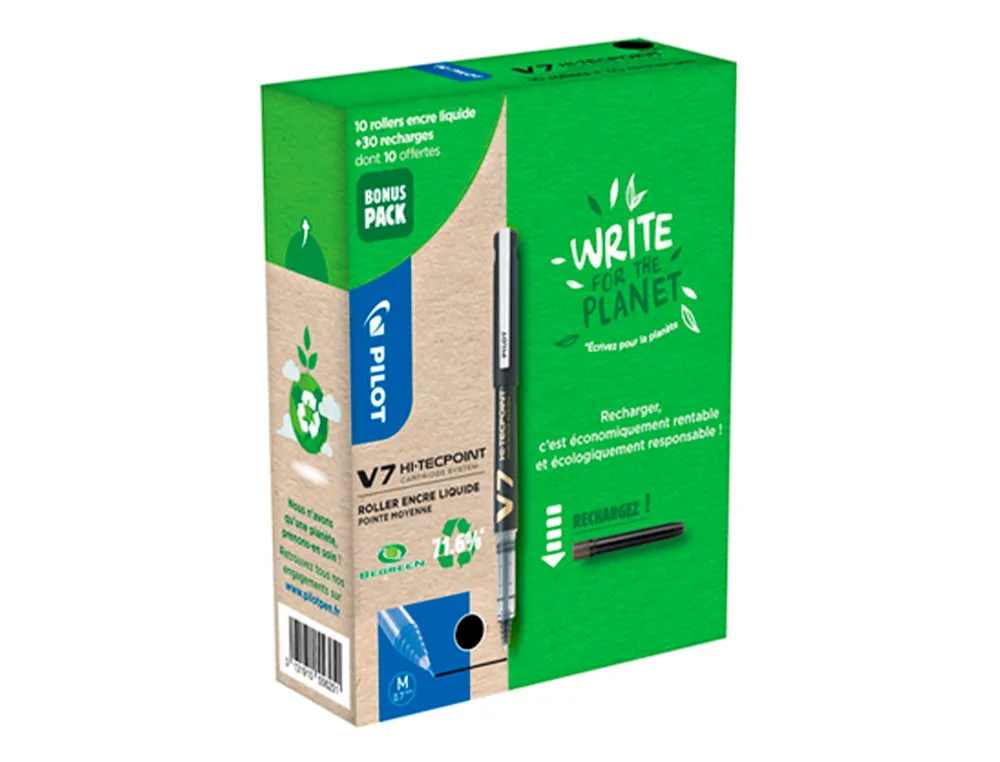 Greenball roller encre liquide 10 stylos + 10 recharges pointe moyenne noir