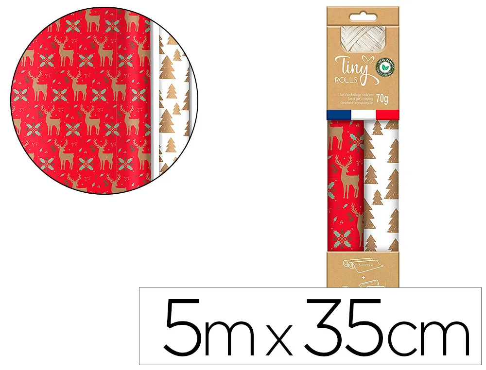 Set d'emballage cadeau noel composé de 2 rouleaux tiny rolls 5mx35cm + 1 rouleau bolduc 20m + 10 tiquettes