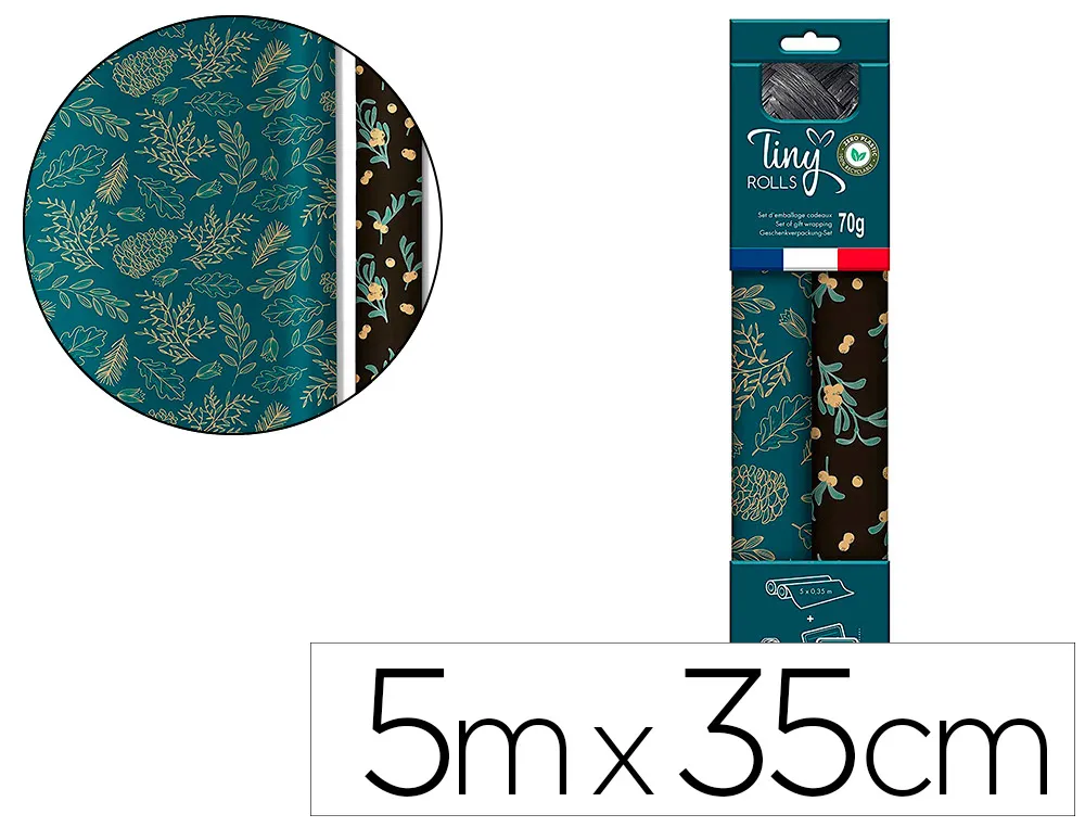 Set d'emballage cadeau nature composé de 2 rouleaux tiny rolls 5mx0,35cm + 1 rouleau bolduc 20m + 10 tiquettes