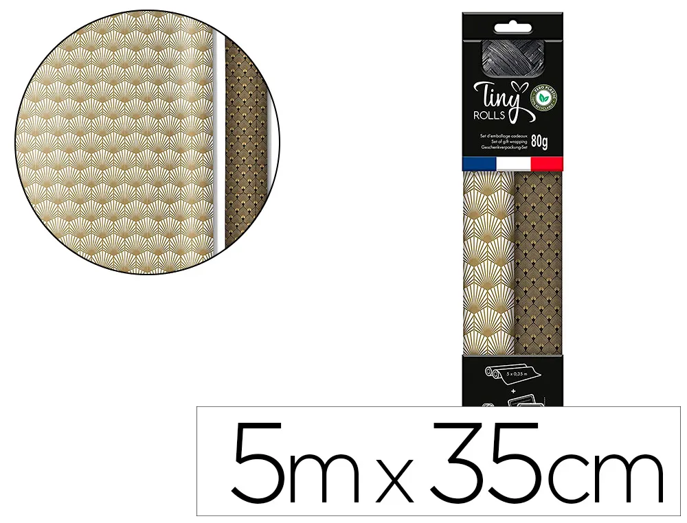 Set d'emballage cadeau paon composé de 2 rouleaux tiny rolls 5mx0,35cm + 1 rouleau bolduc 20m + 10 tiquettes