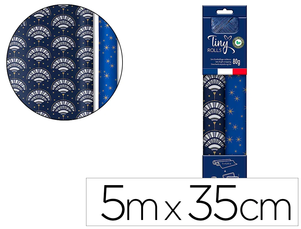 Set d'emballage cadeau toile composé de 2 rouleaux tiny rolls 5mx0,35cm + 1 rouleau bolduc 20m + 10 tiquettes