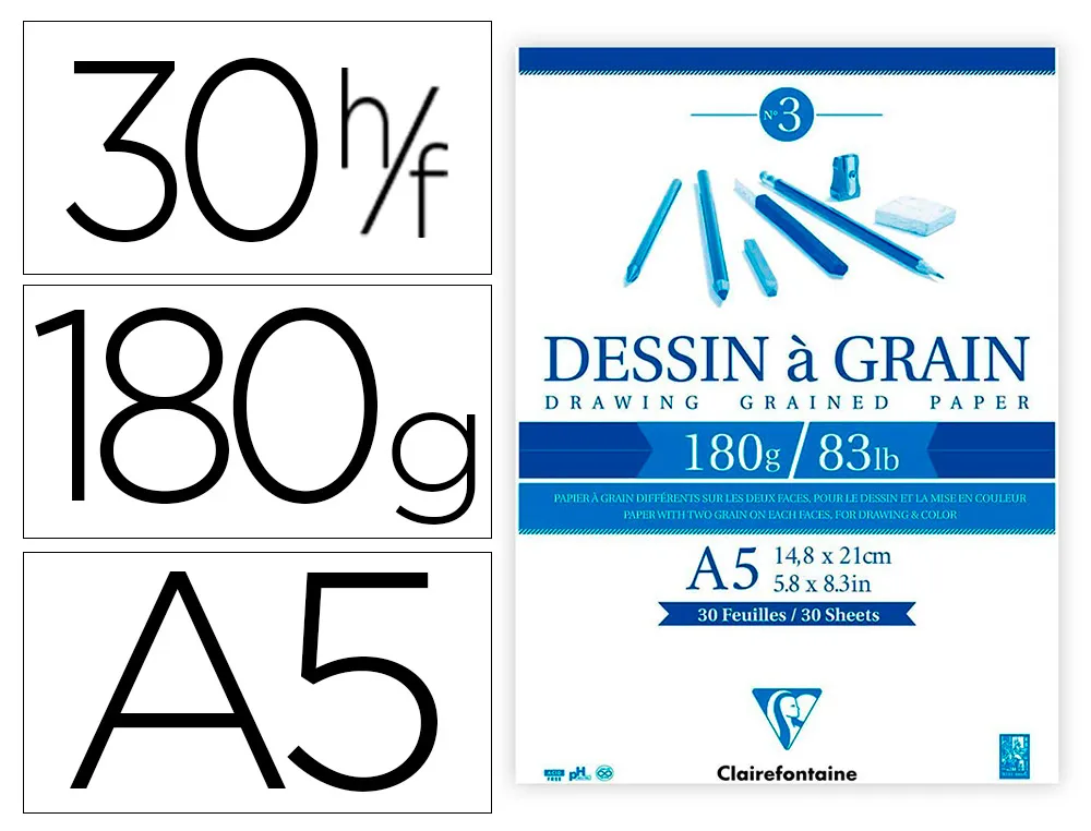Bloc dessin grain clairefontaine A5 encollé blanc 14,8cmx21cm 180gr 30f