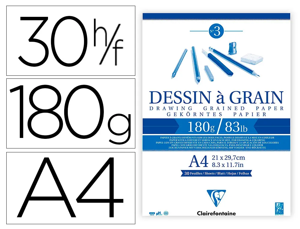 Bloc dessin grain clairefontaine A4 encollé blanc 21cmx29,7cm 180gr 30 f