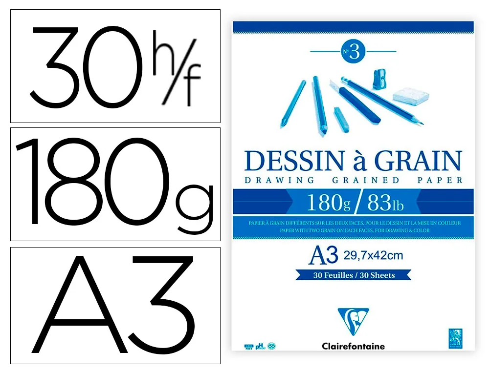 Bloc dessin grain clairefontaine A3 encollé blanc 29,7cmx42cm 180gr 30f