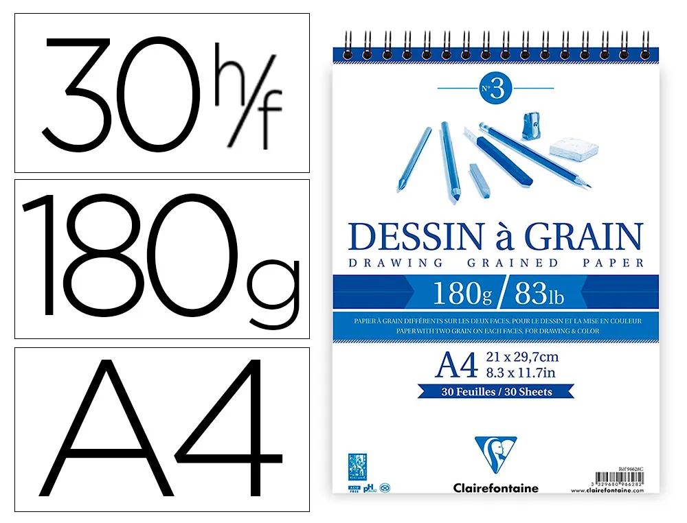 Bloc dessin grain clairefontaine A4 spirale blanc 21cmx29,7cm 180gr 30f
