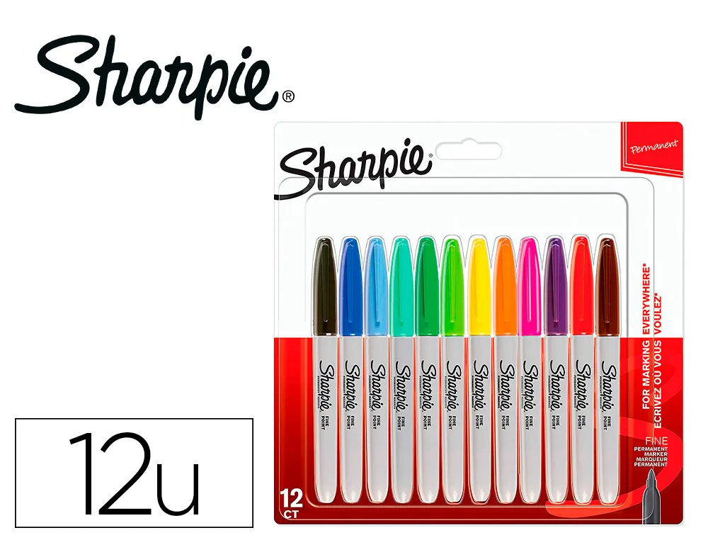 Marqueur permanent sharpie pointe fine 0,9mm encres assorties blister 12 couleurs
