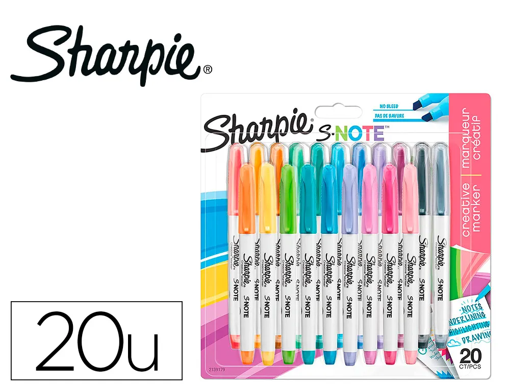 Marqueur creatif sharpie snote pointe biseautee blister 20 coloris assorties