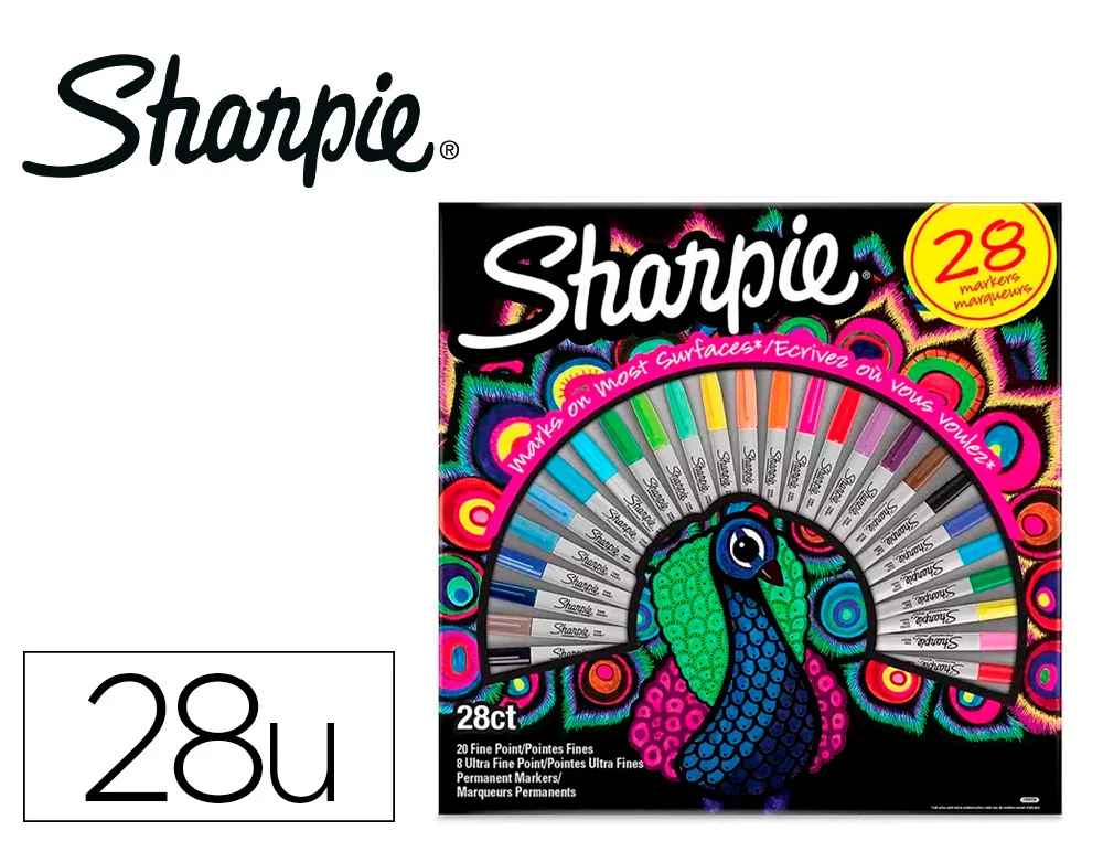 Marqueur permanent sharpie blister20 pointes fines 8 ultra fines 28 coloris grande boite
