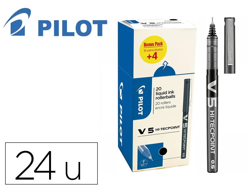 Pack roller pilot v5 pointe aiguille 0.5 mm avec regulateur d encre 16 + 4 offerts coloris noir