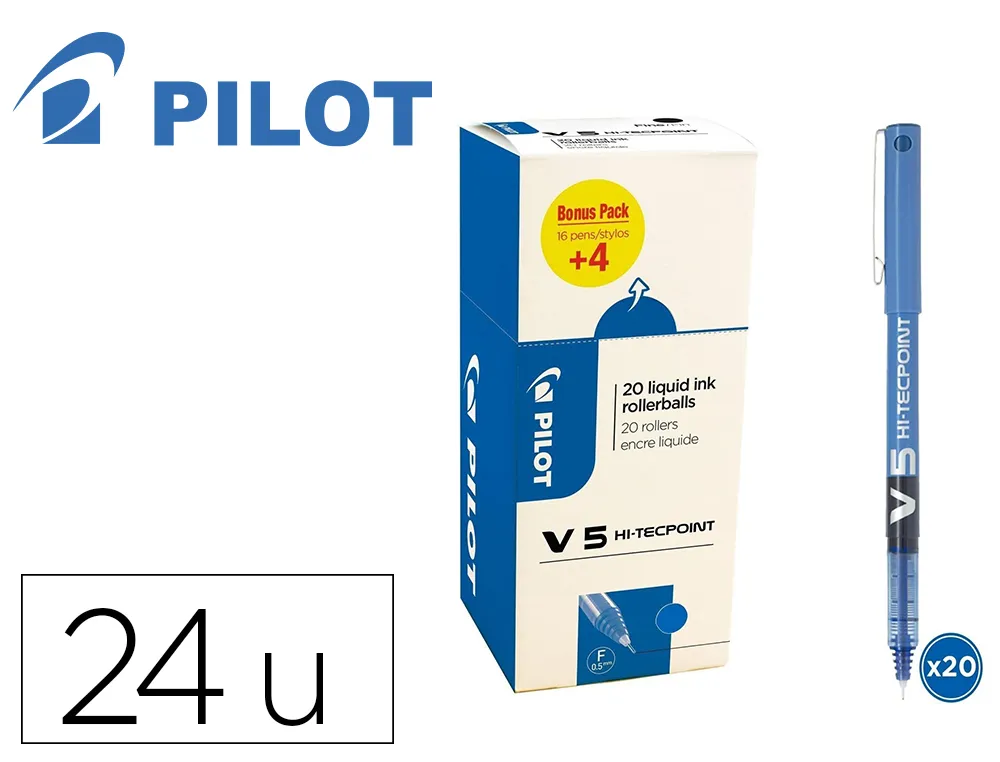 Pack roller pilot v5 pointe aiguille 0.5 mm avec regulateur d encre 16 + 4 offerts coloris bleu