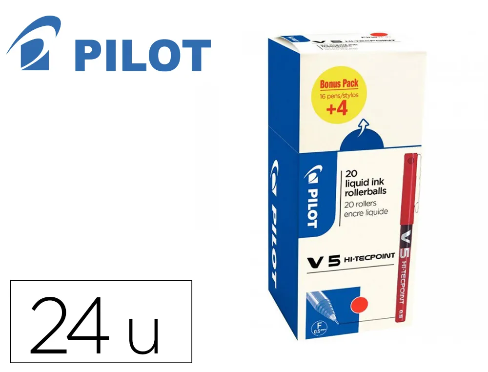 Pack roller pilot v5 pointe aiguille 0.5 mm avec regulateur d encre 16 + 4 offerts coloris rouge