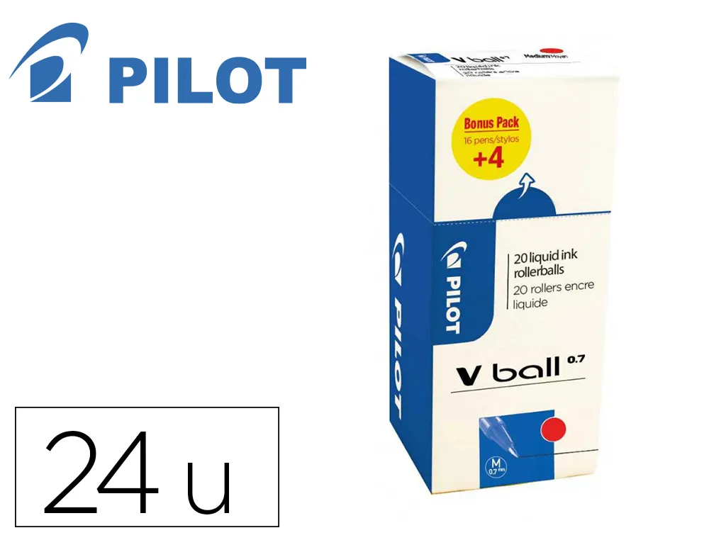 Pack roller pilot v-ball pointe conique 0.7 mm avec regulateur d encre 16 + 4 offerts coloris rouge