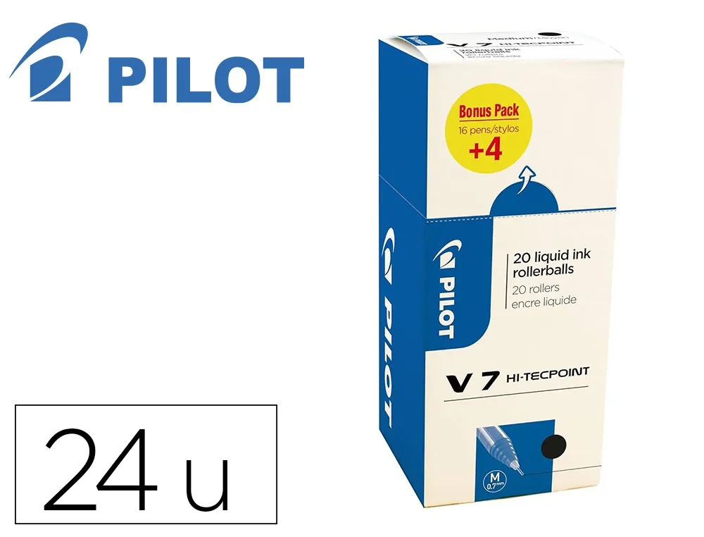 Pack roller pilot v7 pointe aiguille 0.7 mm avec regulateur d encre 16 + 4 offerts coloris noir