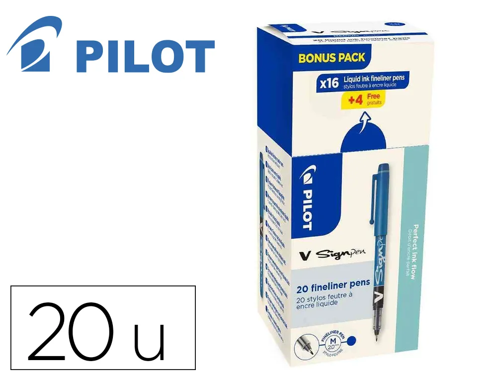 Pack feutre pilot v sign-pen pointe de 2 mm avec regulateur d encre 16 + 4 offerts coloris bleu