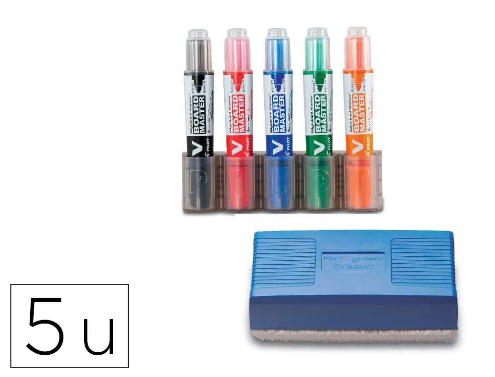 Kit 5 marqueurs pilot v-board master recycle pointe ogive large 6 mm avec 1 support et 1 brosse