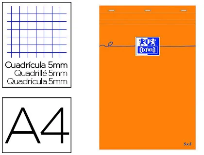 Bloc bureau oxford A4 papier vélin surfin agrafé en tête couverture enveloppante 210x297mm 80f 80g 5x5mm 160pag orange