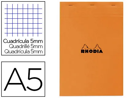 Bloc bureau rhodia a5 papier vélin surfin couverture enduite enveloppante 148x210mm 80f détachables 80g 5x5mm orange