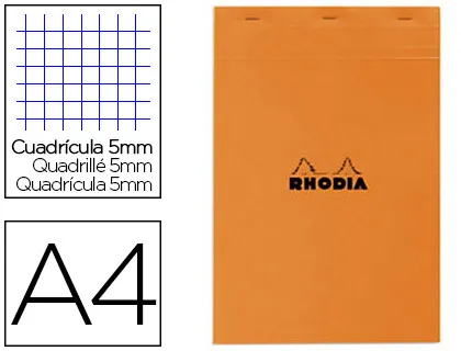 Bloc bureau rhodia A4 papier vélin surfin couverture enduite enveloppante 210x297mm 80f détachables 80g 5x5mm orange