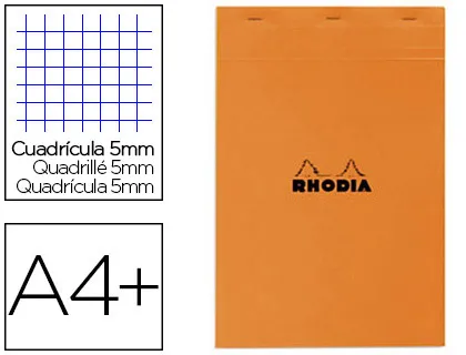 Bloc bureau rhodia A4+ papier vélin surfin couverture enduite enveloppante 210x320mm 80f détachables 80g 5x5mm orange