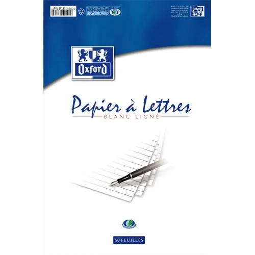 Bloc correspondance oxford papier vélin supérieur 80g A4 210x297mm travers buvard et guide ligne 50 feuilles
