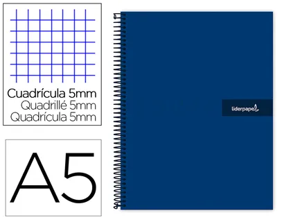 Cahier spirale liderpapel crafty couverture contrecollée A5 240p 90g 5x5mm microperforé 6 trous coloris bleu marine